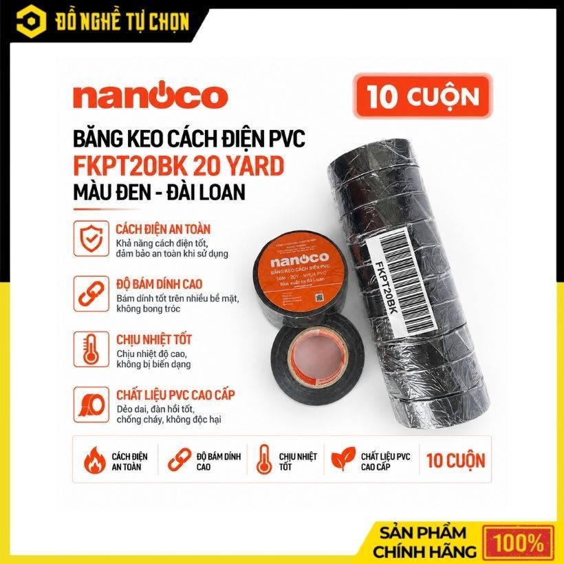 10 Cuộn Băng Keo Cách Điện PVC Nanoco FKPT20... 20 Yard (Đài Loan), Dày 0.11mm, Cách Điện Tốt – Hàng
