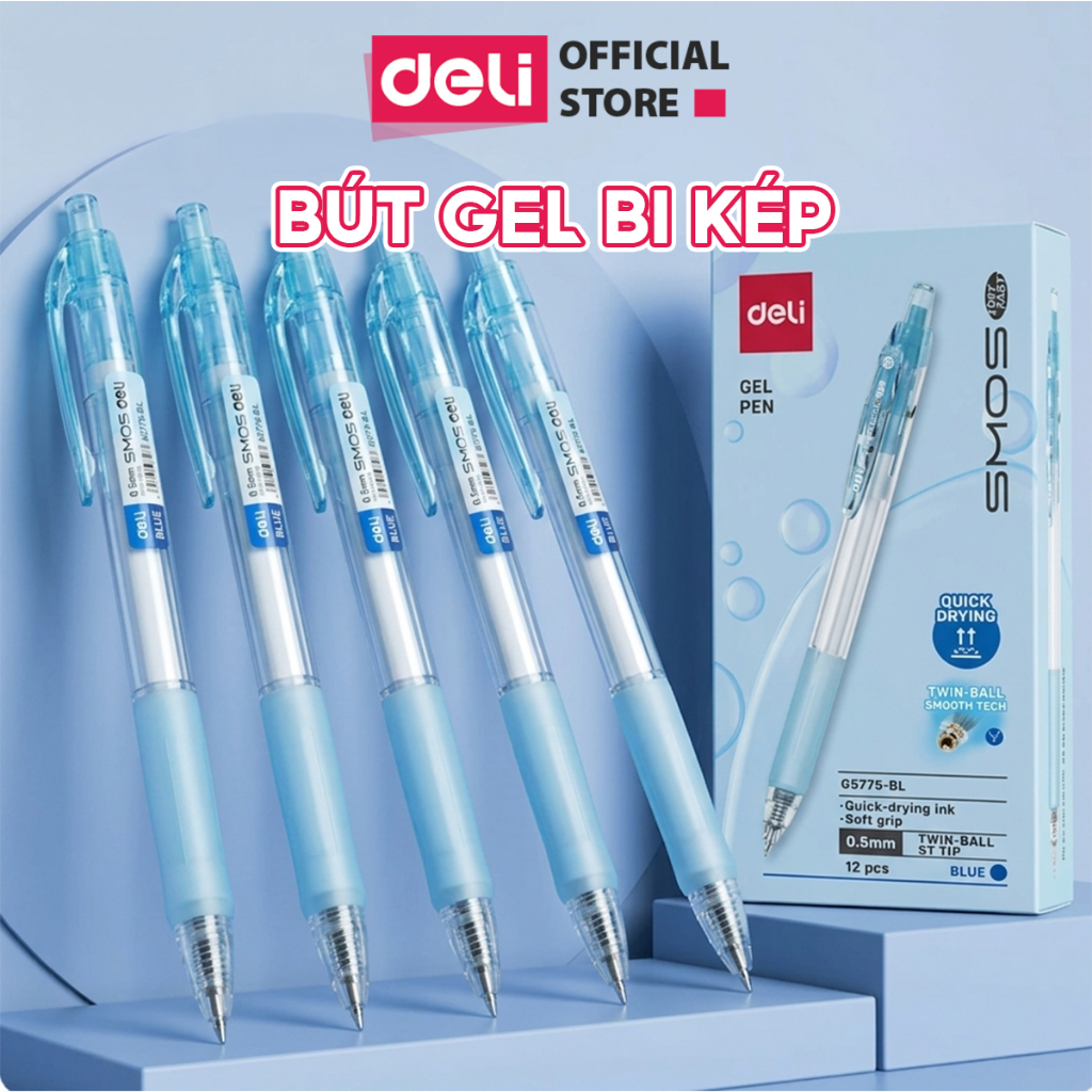 Bút Gel Deli Bi Kép Ngòi 0.5mm Mực Xanh/Đen, Viết Êm Trơn Mượt, Khô Nhanh Chống Lem Cho Học Sinh Sinh Viên