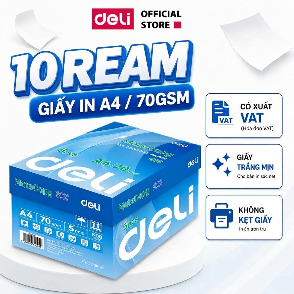 [🔥TRỢ GIÁ] Thùng 10 Ream Giấy A4 Deli Giấy In Photo Copy 70gsm Chính Hãng Loại Dày 500 Tờ/ Ream Chốn