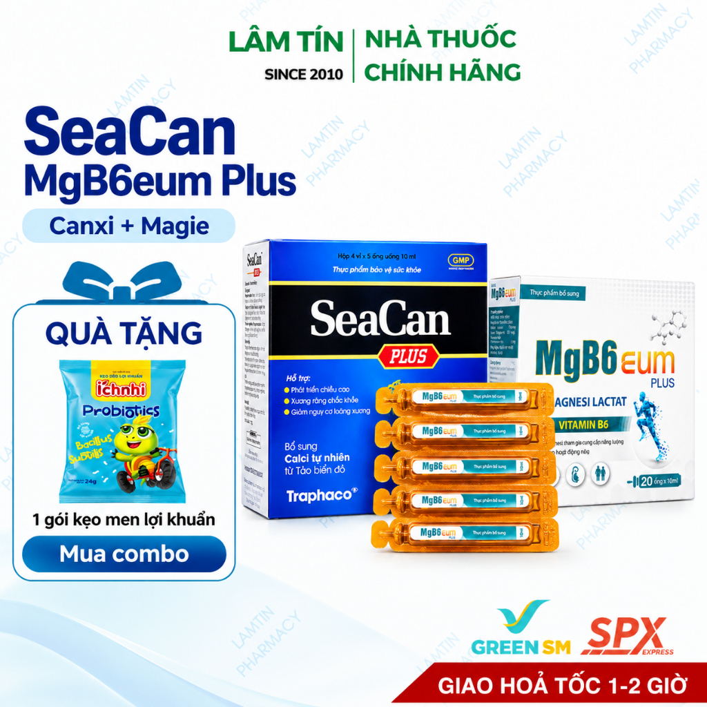 Combo Seacan Plus và Magie B6 EUM bổ sung canxi và magine giảm trằn trọc cho bé ống uống Hộp 20 ống