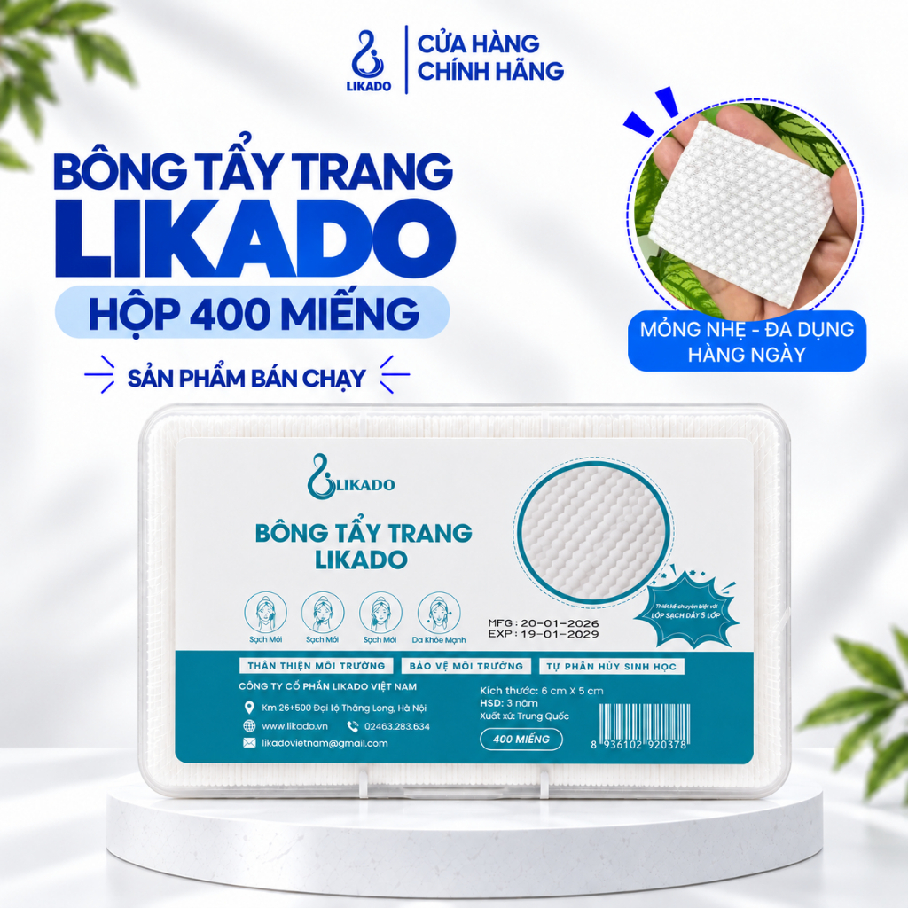 Bông tẩy trang Likado hộp 400/600 miếng kích thước (6cmx5cm)