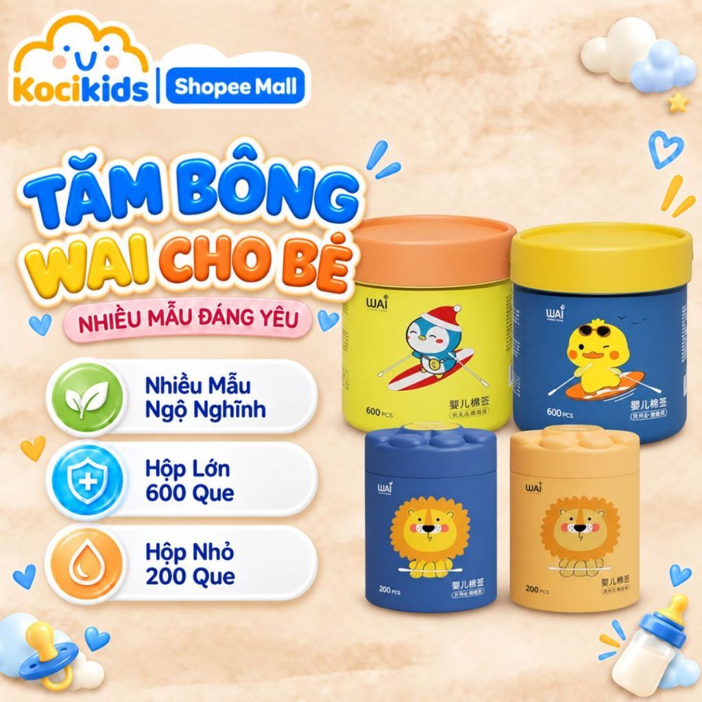 Tăm bông sơ sinh cao cấp WAI tiện lợi cho bé hộp 200 và 600 que