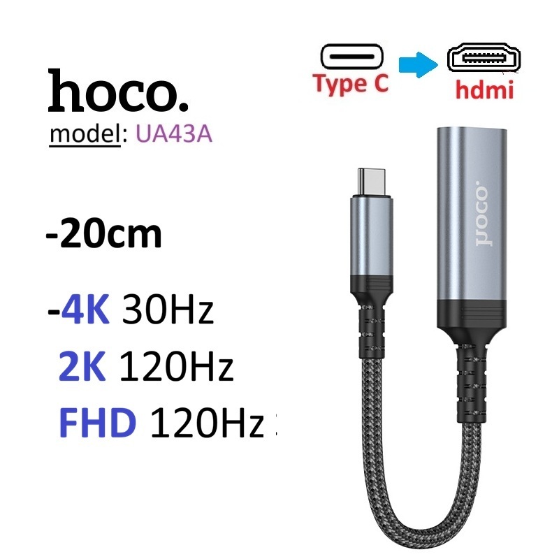 Đầu chuyển Type C to HDMI (female) 2K 120Hz/ 1080P 120Hz Hoco UA43A dài 20cm -Bảo hành 6 tháng