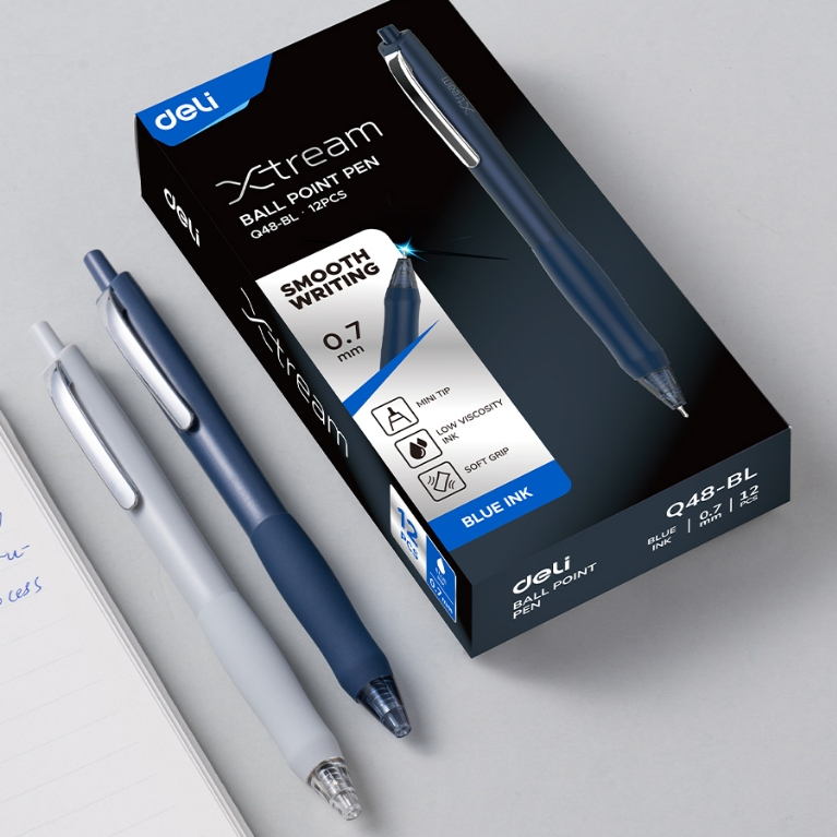 Bút Bi Bấm Xstream Q48-BL Deli Ngòi 0.7mm Mực Xanh, Viết Êm Trơn, Tay Cầm Mềm Chống Mỏi