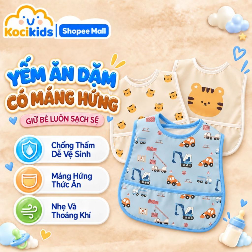 Yếm ăn dặm cho bé có máng hứng ngang, chống thấm, gọn nhẹ, nhiều họa tiết xinh xắn