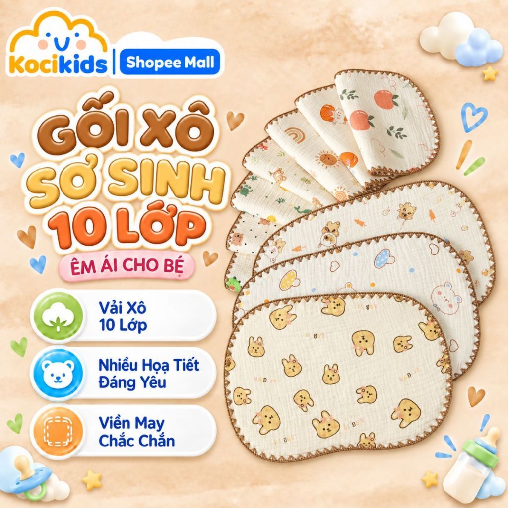 Gối Xô Sơ Sinh Sợi Tre Mềm Mịn 10 Lớp Cao Cấp Thấm Hút Mồ Hôi