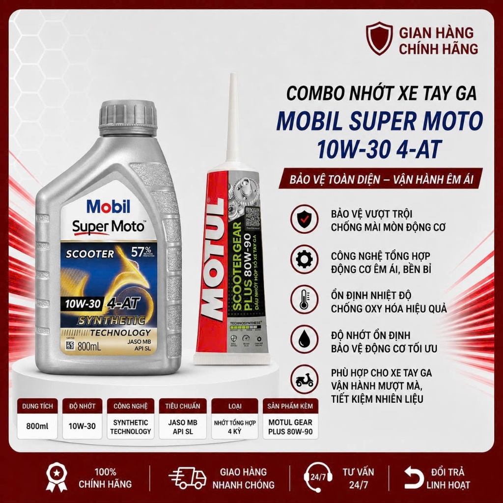 Nhớt Mobil Super Moto Scooter 10W30 800ml Nhập Singafo JASO MB API SN
