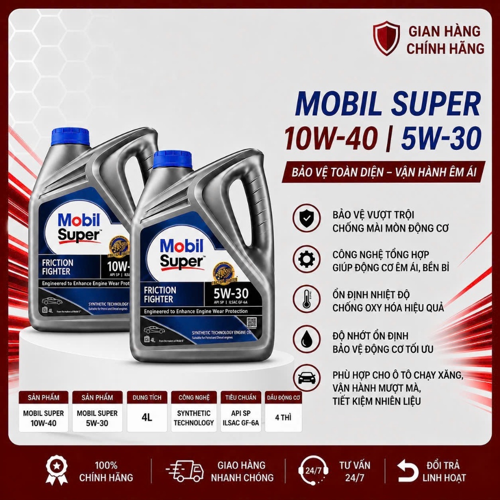 Dầu Nhớt Ô Tô Mobil Super 2000  Fiction Fighter 5W30 và 10W40 Nhập Khẩu Singapore 4 Lít