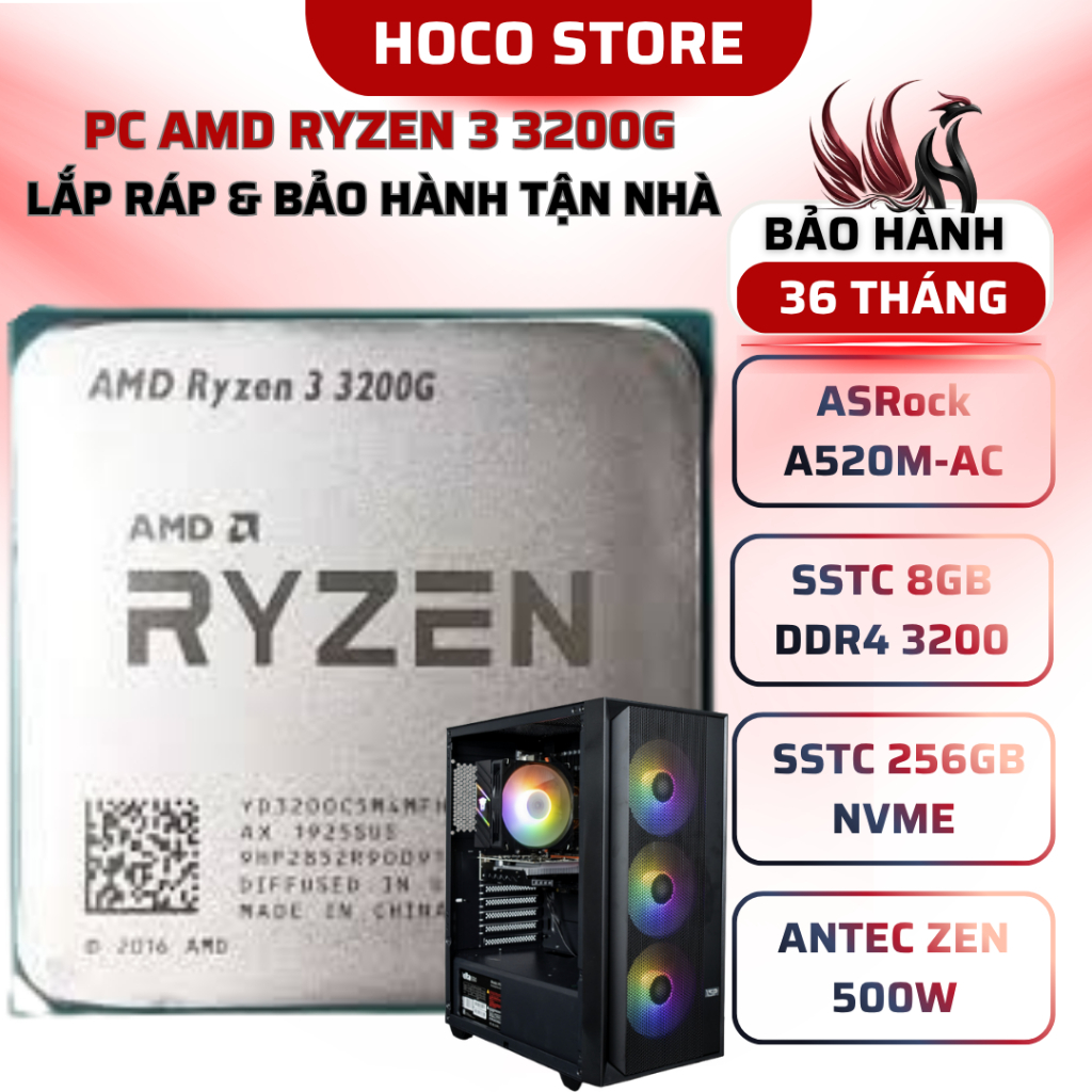 PC AMD Ryzen 3 3200G / A520M / SSD 256GB / 8GB 3200MHZ / Bộ PC lắp ráp HOCO CPU Ryzen 3 3200G New Tr