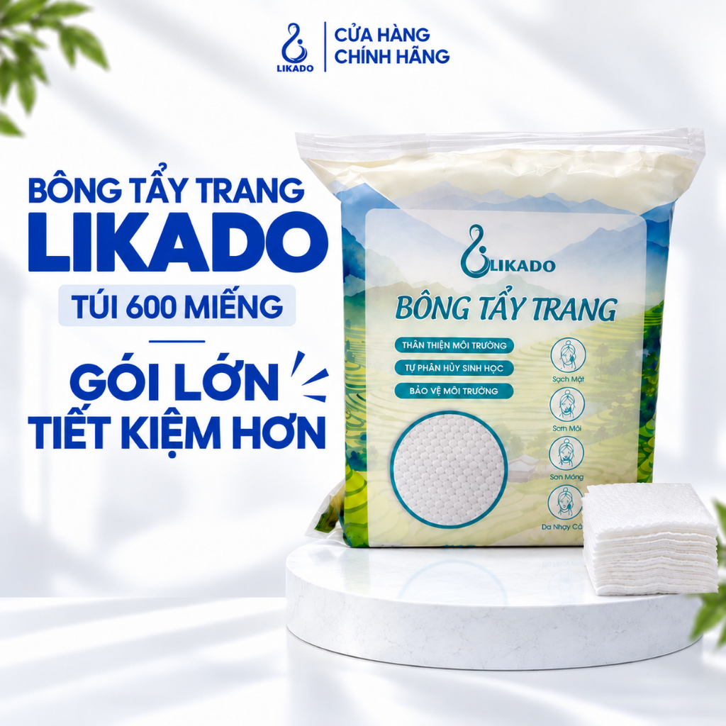 Bông tẩy trang Likado túi 600 miếng kích thước 6cmx5cm