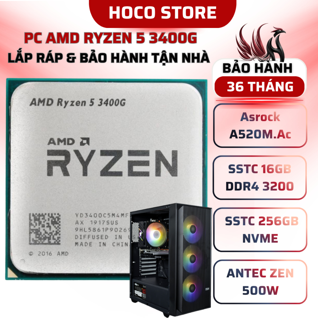 PC AMD Ryzen 5 3400G / A520M / SSD 256GB / 16GB 3200MHZ / Bộ PC lắp ráp HOCO CPU Ryzen 5 3400G New T