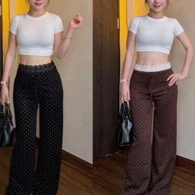 Quần suông cạp cao phối ren vải mì mịn co dãn, phong cách 666
