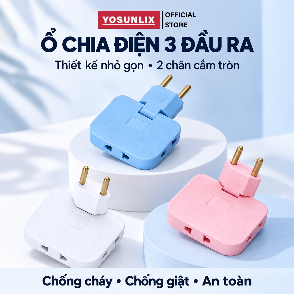 Ổ Cắm Chia Điện 3 Cổng Yosunlix Xoay 180 Độ Ổ Chia Nguồn 2500W Chống Giật…
