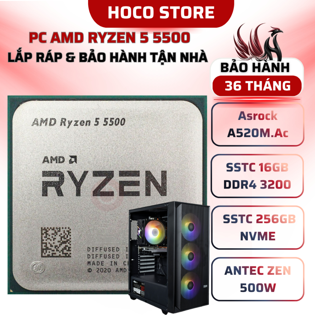 PC AMD Ryzen 5 5500 / A520M / SSD 256GB / 16GB 3200MHZ / Bộ PC lắp ráp HOCO CPU Ryzen 5 5500 New Tra