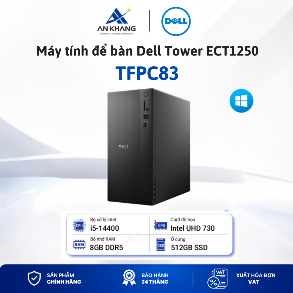 Máy tính để bàn Dell Tower ECT1250 TFPC83( i5-14400, 8GB D5, 512GB SSD, Intel UHD Graphics 730, W11)