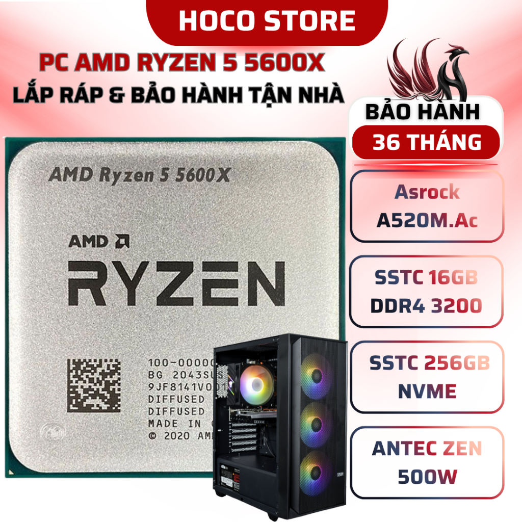 PC AMD Ryzen 5 5600X / A520M / SSD 256GB / 16GB 3200MHZ / Bộ PC lắp ráp HOCO CPU Ryzen 5 5600X New T
