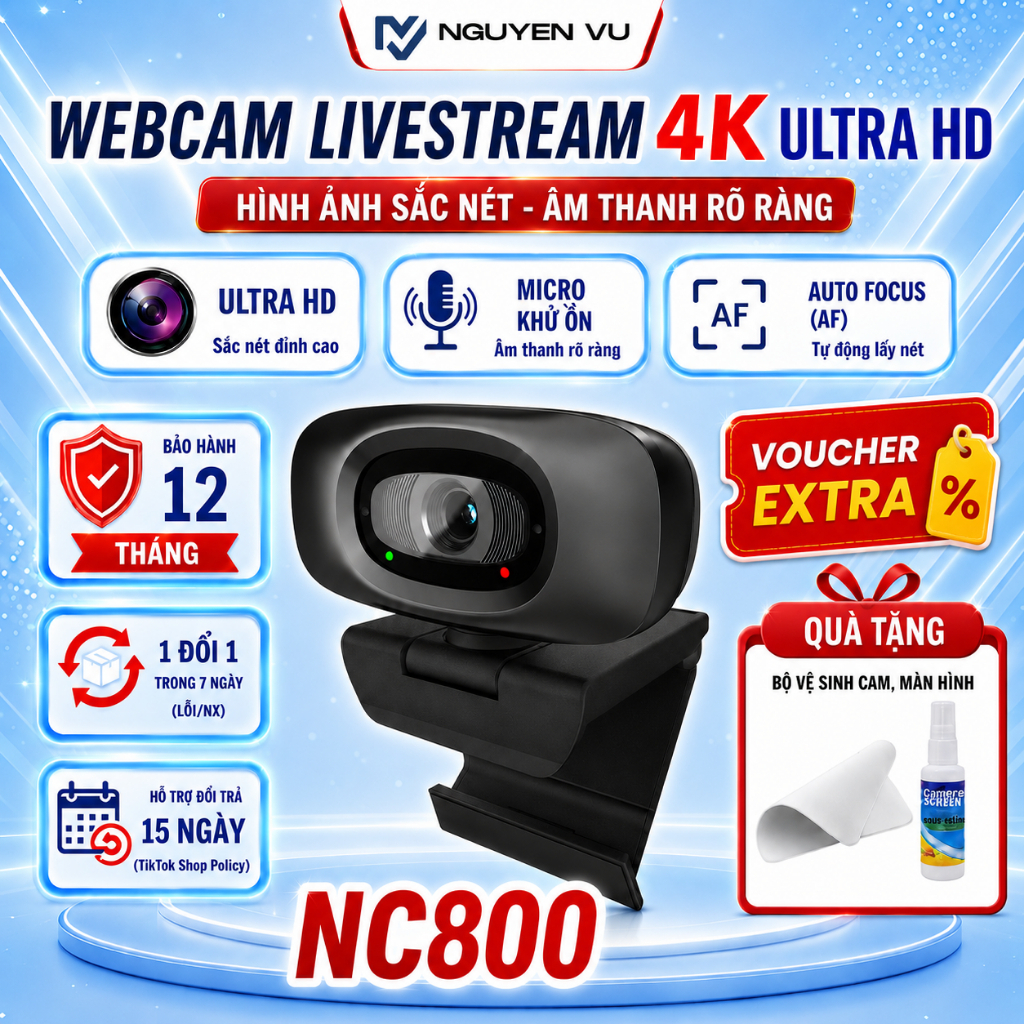 Webcam NC800 4K Ultra HD Auto Focus, Micro Khử Ồn, Webcam Livestream Máy Tính