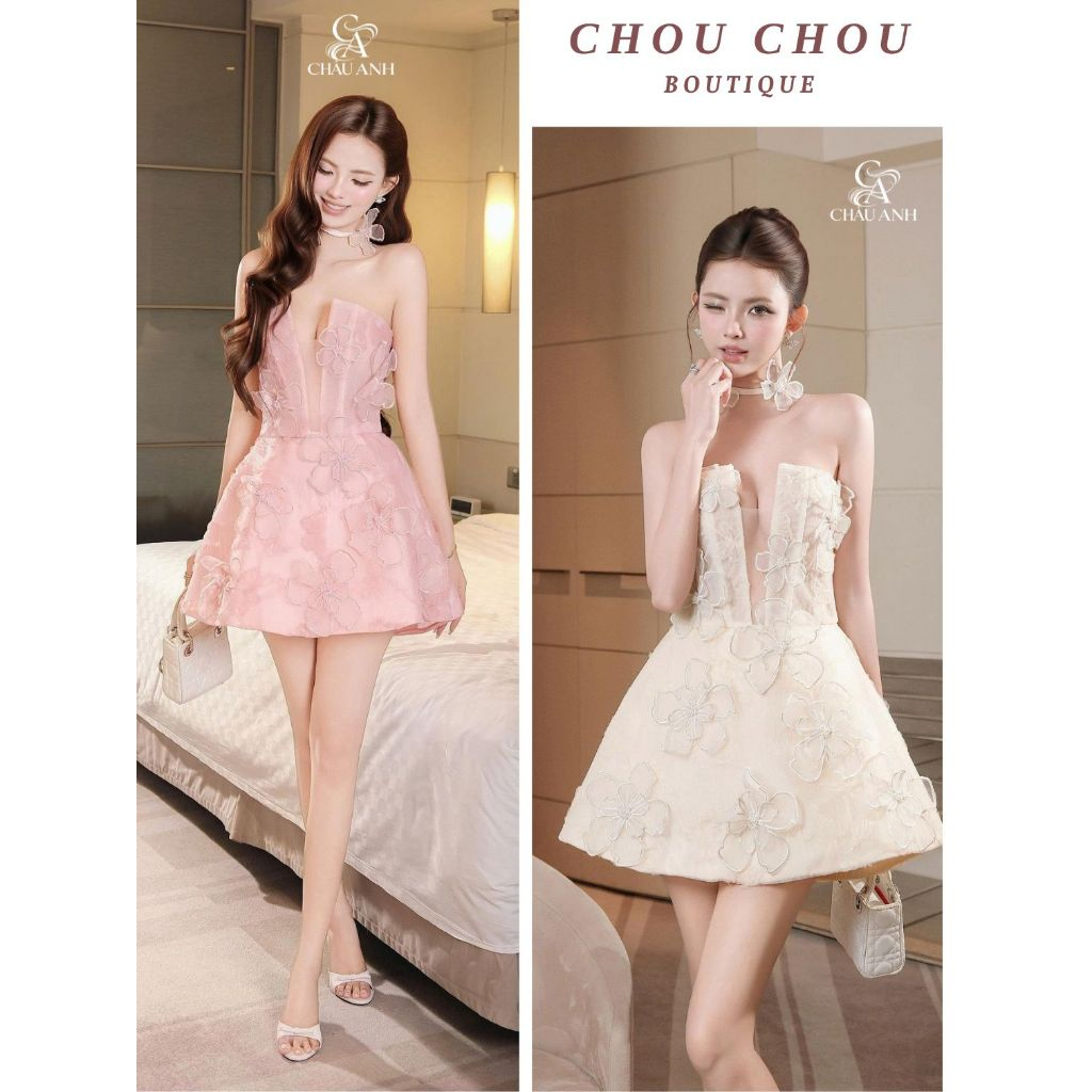 Đầm Cúp Ngực Dáng Xòe Ngắn Thêu Hoa 3D Xẻ V Cổ Kèm Choker Hồng Pastel Chuẩn CHÂU ANH