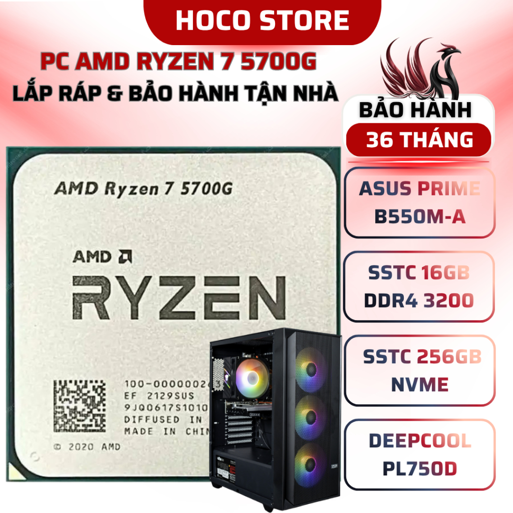 PC AMD Ryzen 7 5700G / B550M / SSD 256GB / 16GB 3200MHZ / Bộ PC lắp ráp HOCO CPU Ryzen 7 5700G New T