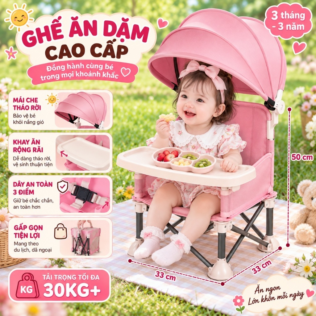 Ghế ăn dặm cho bé Beige gấp gọn đa năng, kèm bàn ăn tháo rời, dễ vệ sinh, ghế ngồi ăn tiện lợi cho b