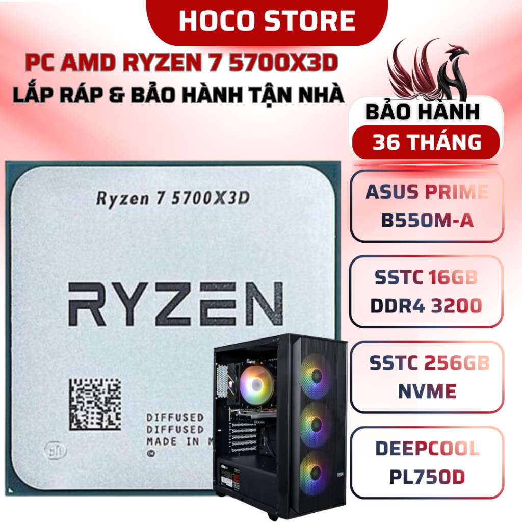 PC AMD Ryzen 7 5700X3D / B550M / SSD 256GB / 16GB 3200MHZ / Bộ PC lắp ráp HOCO CPU Ryzen 7 5700X3D N