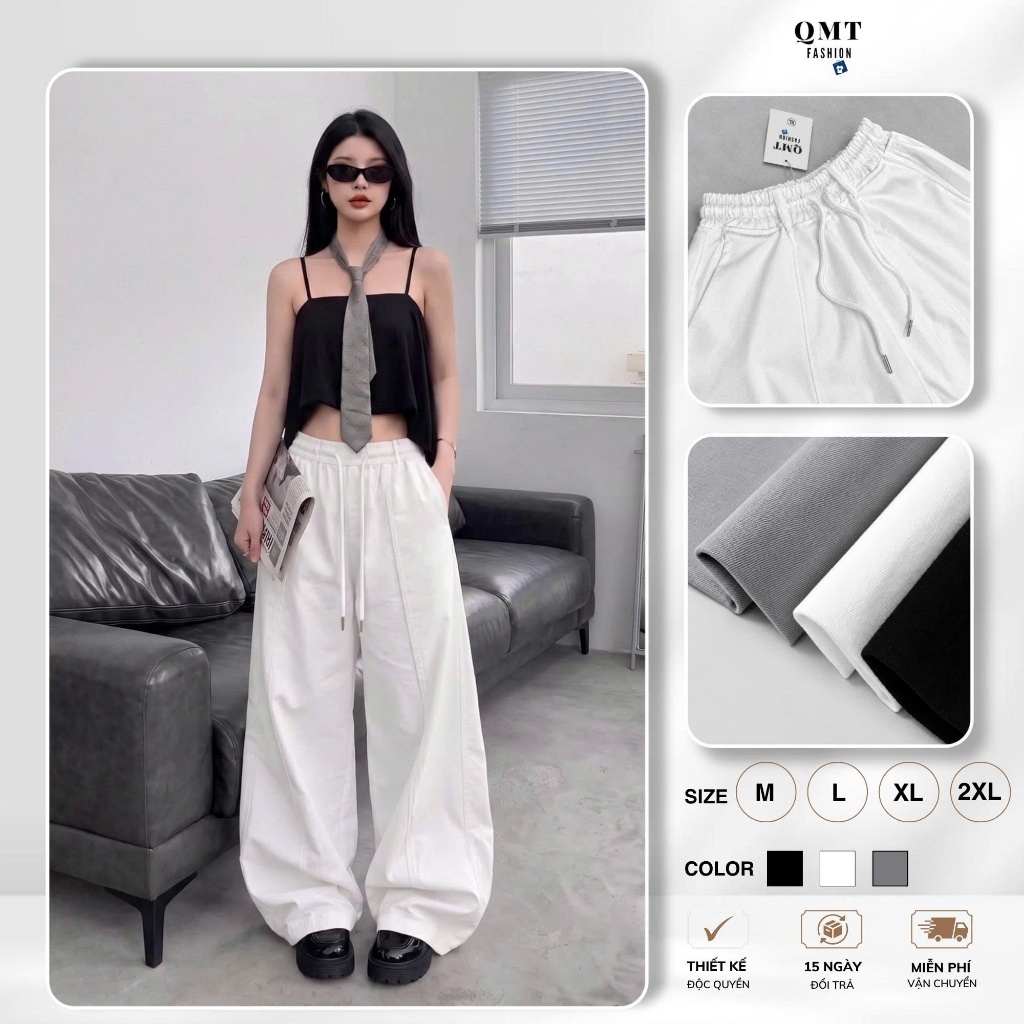 Quần Kaki Ống Rộng Nữ QMT Unisex Lưng Thun Có Dây Rút Basic Tôn Dáng Thoải Mái 0055