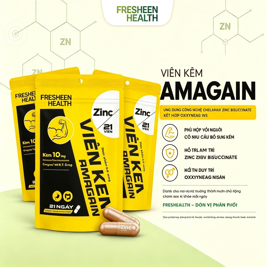 [Combo 3] Viên kẽm AMAGAIN sử dụng công nghệ Kẽm Chelamax® Bisglycinate nhập từ Mỹ - Hấp thu cao, hỗ trợ miễn dịch