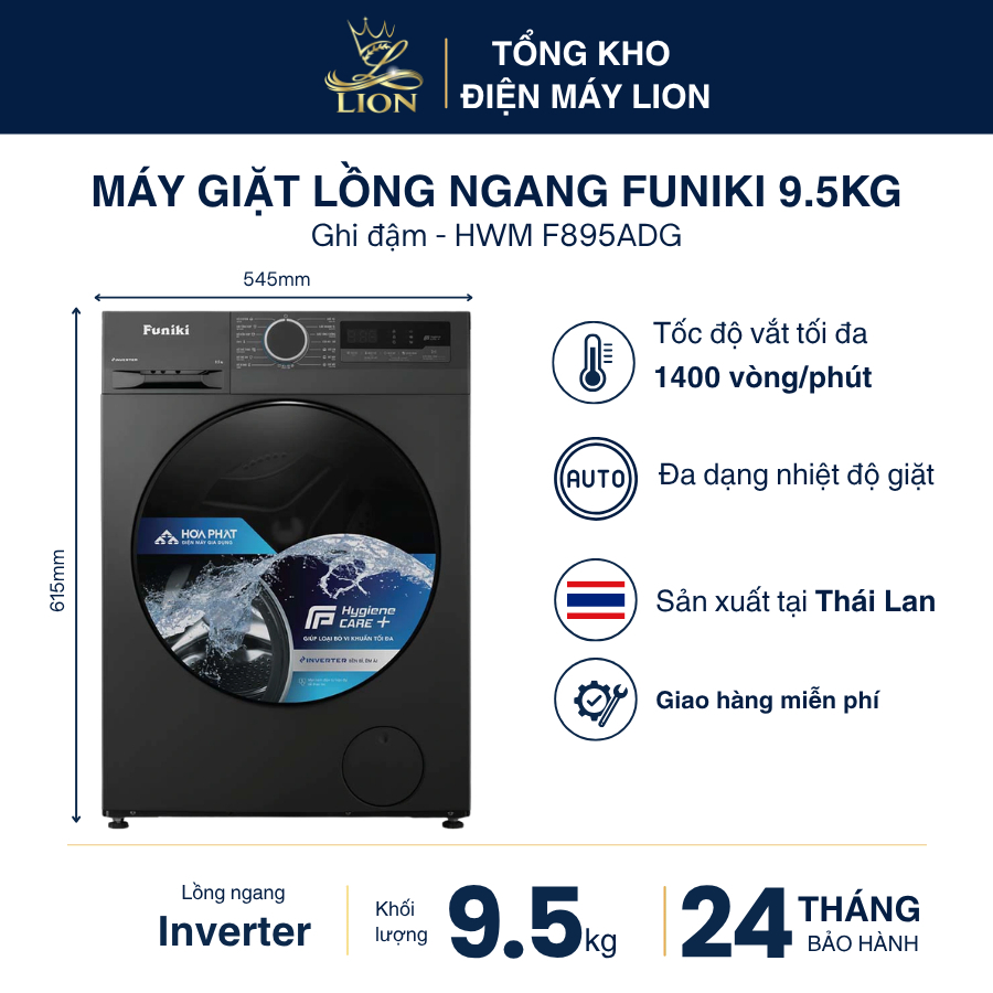 Máy giặt Funiki Inverter 9.5kg HWM F895ADG lồng ngang BLDC Hygiene Care+ 1400 vòng/phút