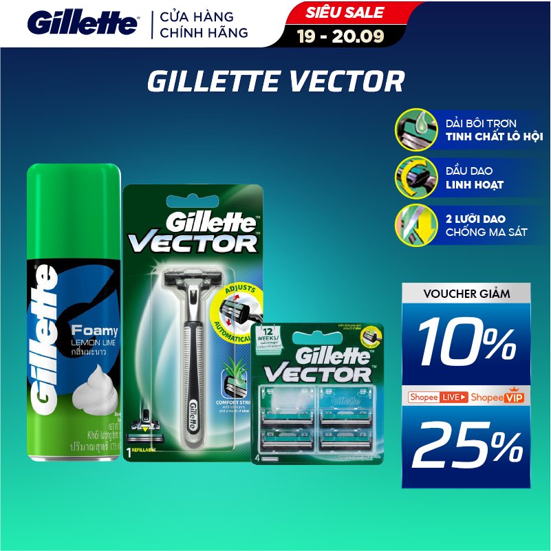 Combo Dao Cạo Râu GILLETTE Vector 1UP Hộp 1 Cái + Lưỡi Dao Vector Hộp 4 Lưỡi+ Bọt Cạo Râu Gillette Hương Chanh Chai 175g