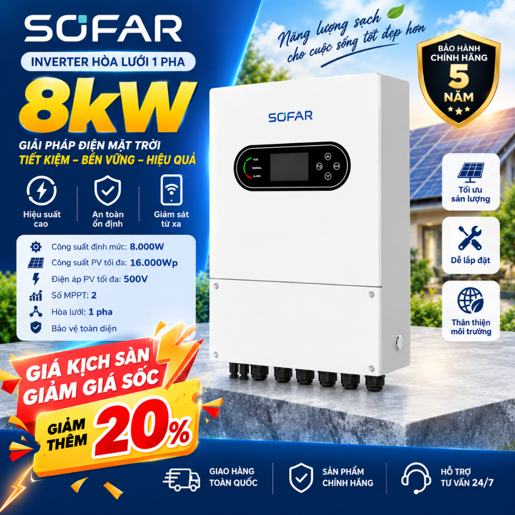 Inverter Sofar 8kW Hybrid LS1 PRO – Dòng sạc 190A – 2 MPPT – IP66