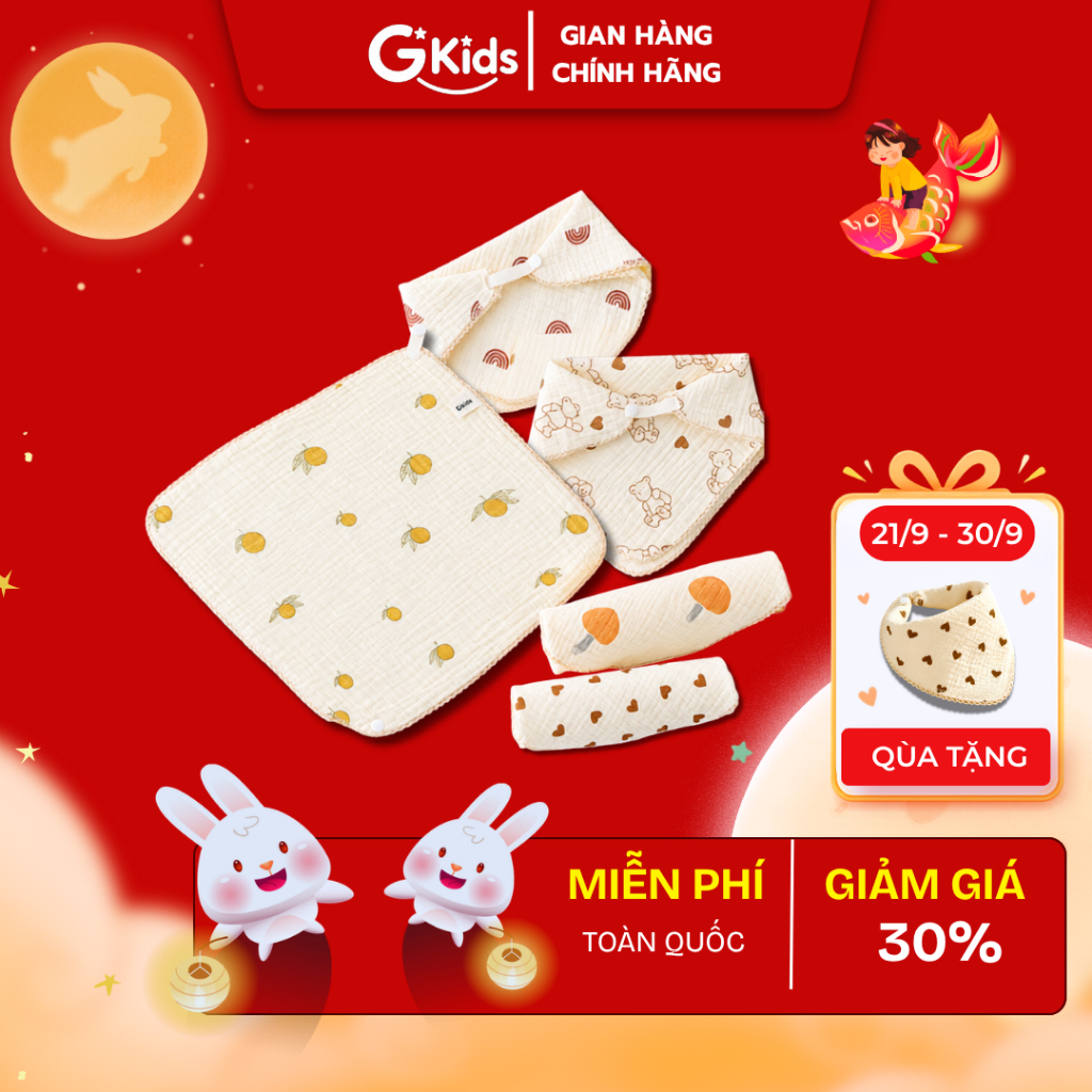 Set 5 khăn xô ăn dặm GKIDS, Khăn xô 40S thấm hút tốt, không xù lông mềm mịn an toàn làn da bé