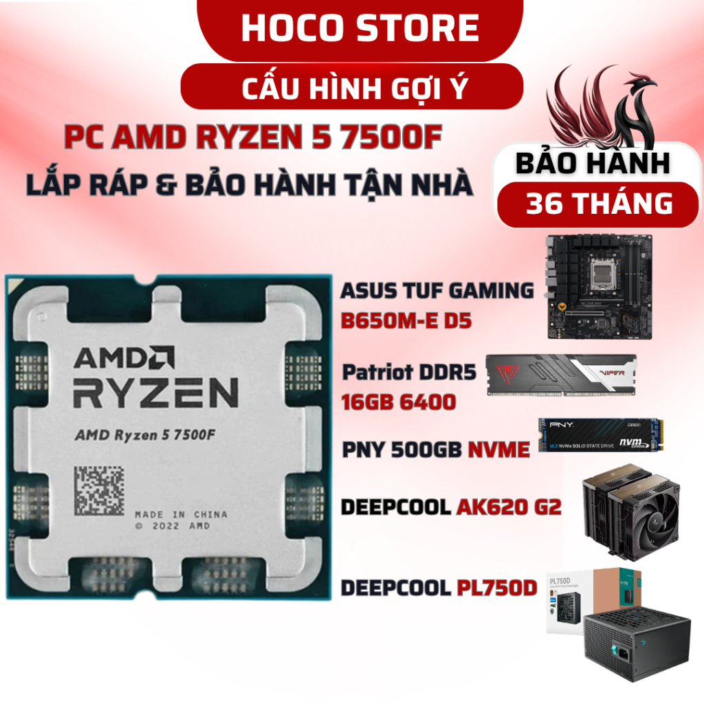 PC AMD Ryzen 5 7500F / B650M / SSD 500GB / 16GB 6400MHZ / Bộ PC lắp ráp HOCO CPU Ryzen 5 7500F New T