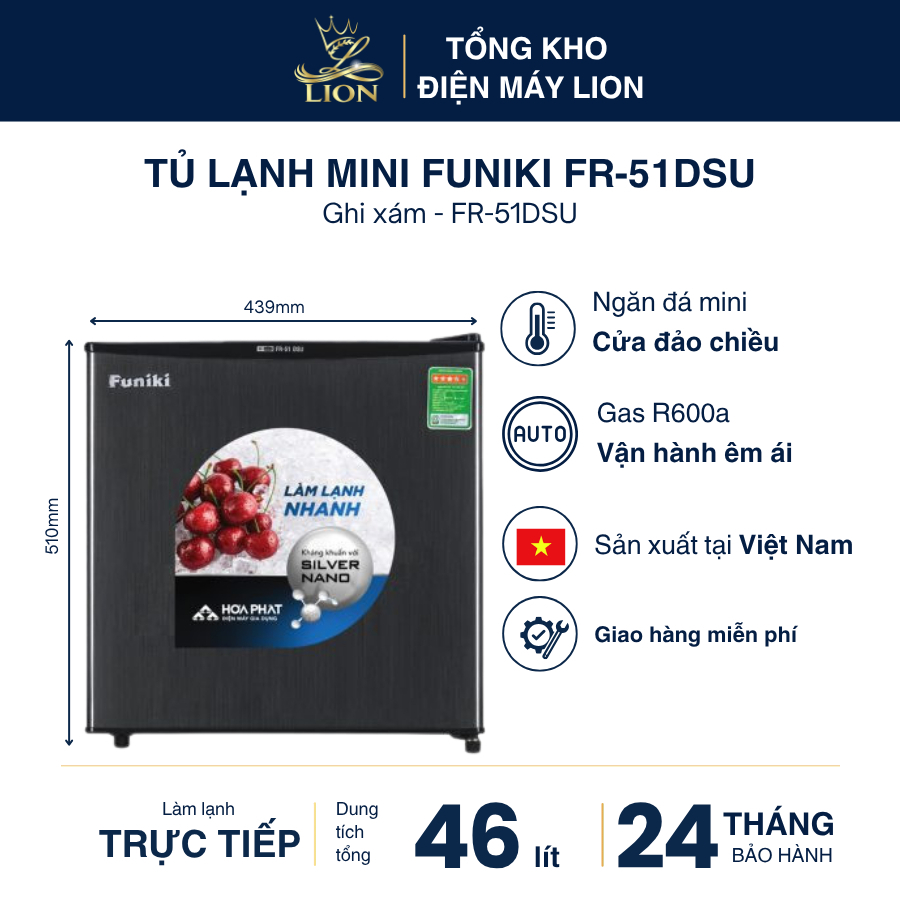 Tủ lạnh mini Funiki FR-51DSU 46 lít 1 cửa ngăn đá nhỏ gọn khay kính cửa đảo chiều