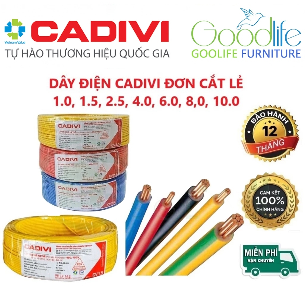 Dây cáp đơn, ruột đồng 7 sợi, Phi 6.0 bọc PVC Cadivi 56017358 CV/LF-6.0 (7/1.04) - 0,6/1KV ĐƠN GIÁ 1