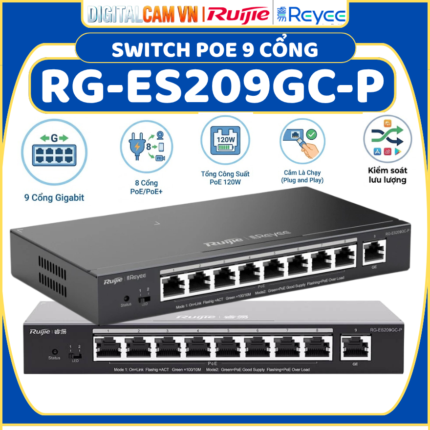 [RUIJIE] SWITCH POE 9 CỔNG RUIJIE RG-ES209GC-P - TỐC ĐỘ CHUYỂN MẠCH 18GBPS, MAC 2K, CHỐNG SÉT 4KV