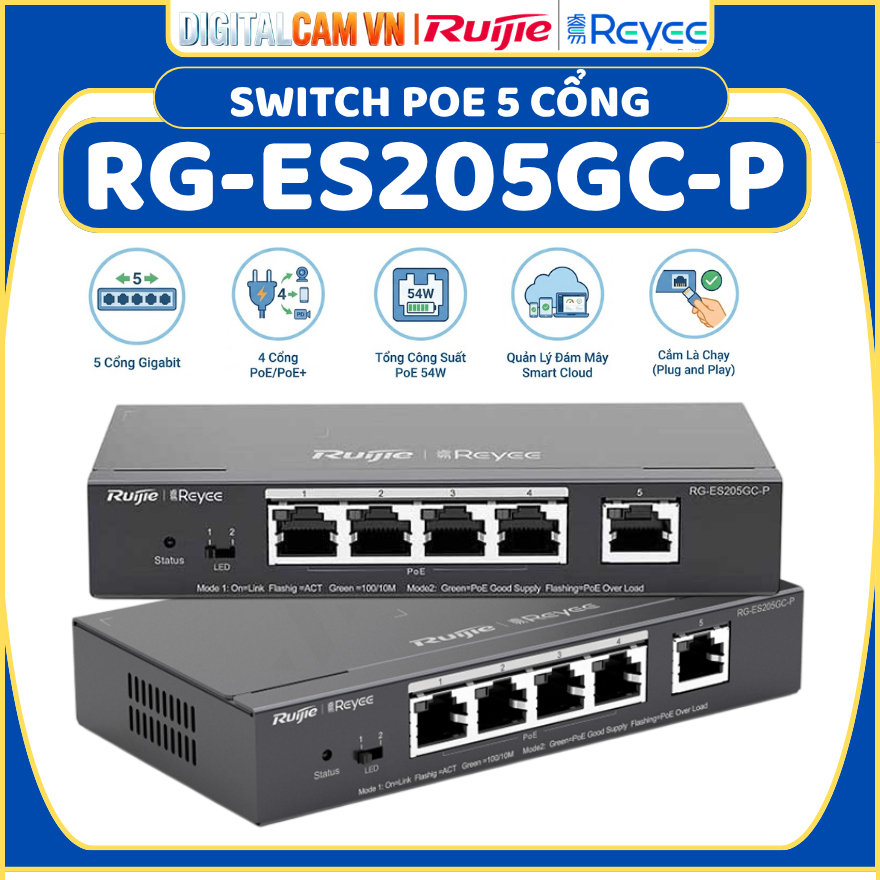 [[RUIJIE] SWITCH POE 5 CỔNG RUIJIE RG-ES205GC-P - TỐC ĐỘ CHUYỂN MẠCH 10GBPS, MAC 2K, CHỐNG SÉT: 4KV