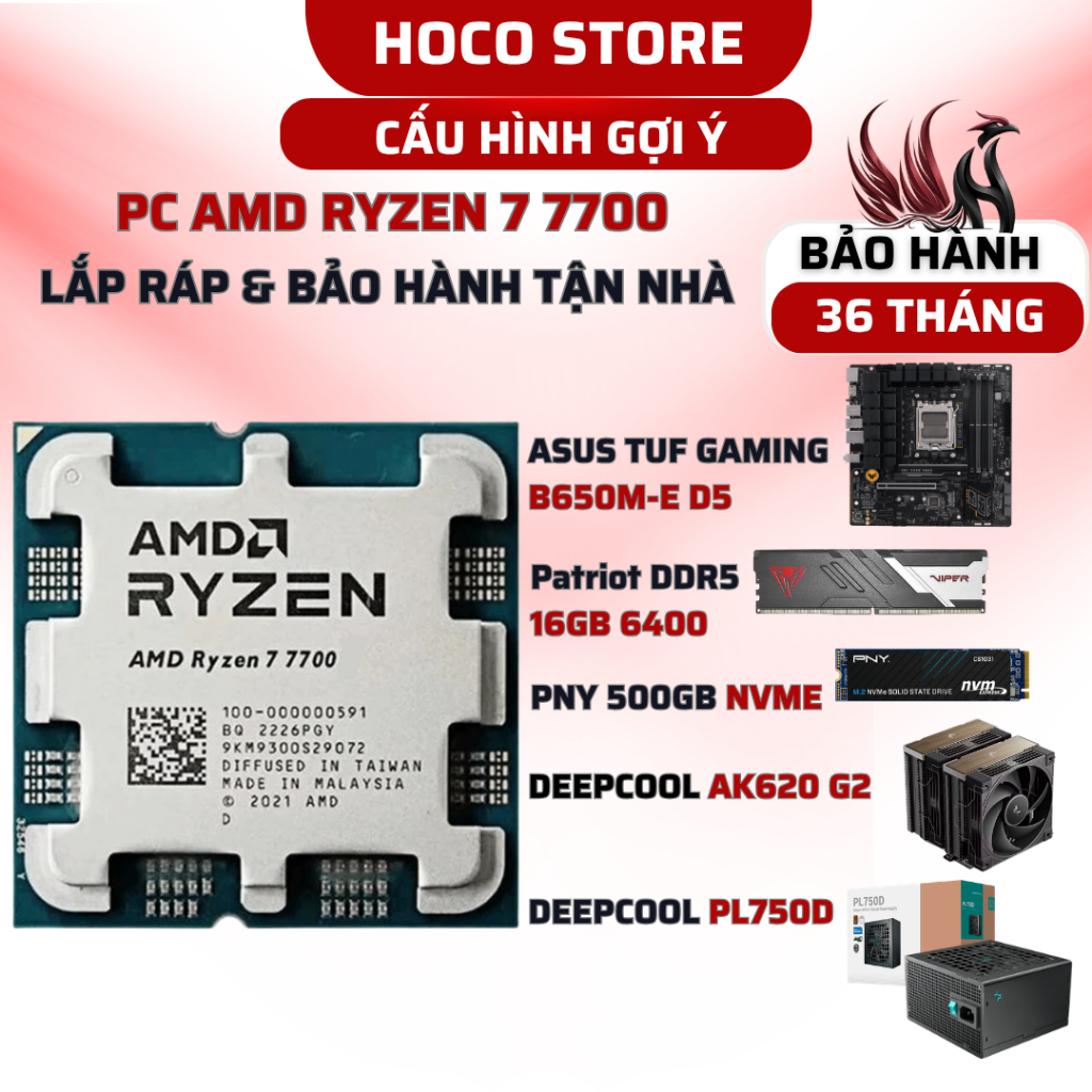 PC AMD Ryzen 7 7700 / B650M / SSD 500GB / 16GB 6400MHZ / Bộ PC lắp ráp HOCO CPU Ryzen 7 7700 New Tra