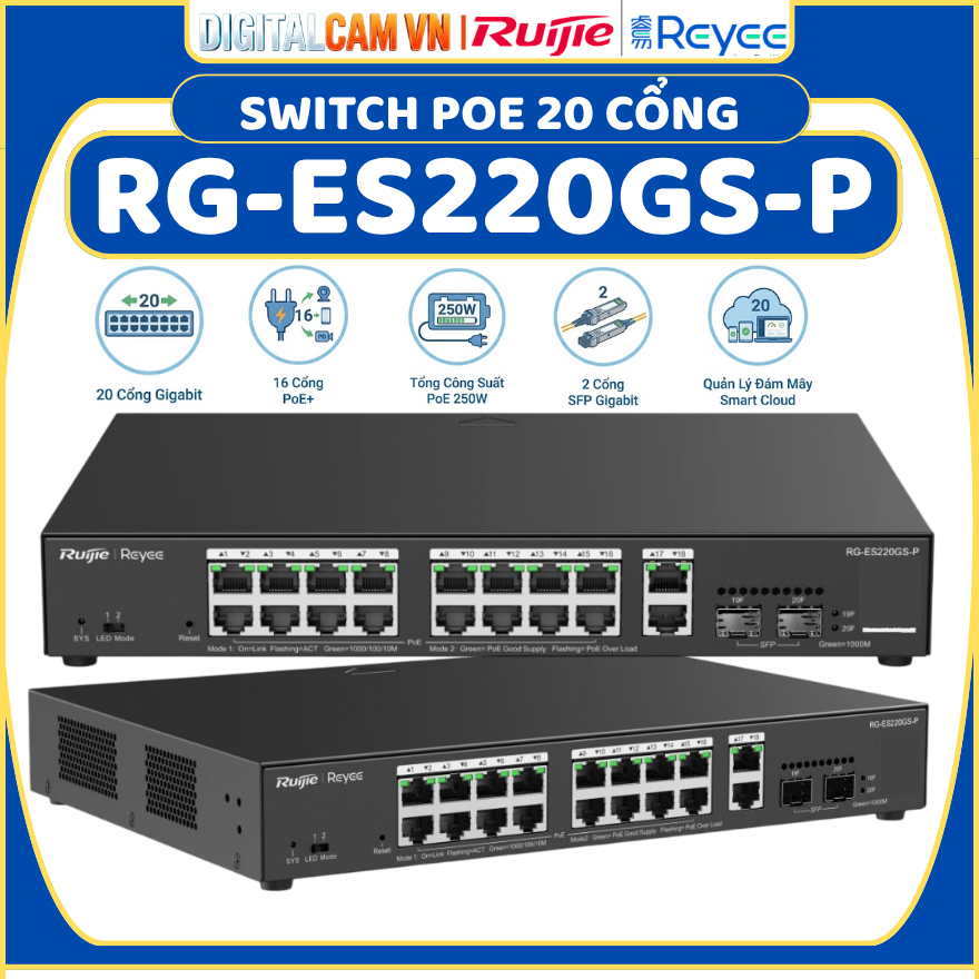 [RUIJIE] SWITCH POE 20 CỔNG RUIJIE RG-ES220GS-P I RG-ES220GS-P-V2, TỐC ĐỘ CHUYỂN MẠCH 40GBPS, MAC 16