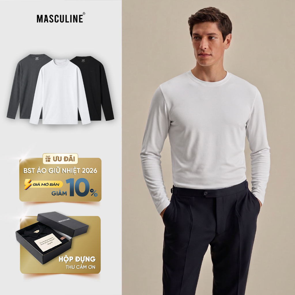 Áo giữ nhiệt nam MASCULINE AN600 - Áo thun nam dài tay cổ tròn 95% cotton 5%spandex phom regular fit