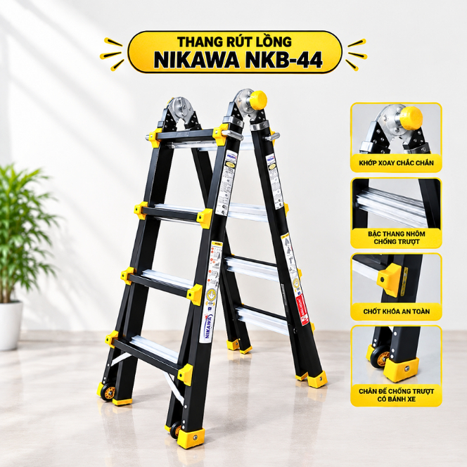 (CHÍNH HÃNG) Thang nhôm (rút lồng) gấp đa năng NIKAWA NKB - 44 bảo hành 24 tháng tải trọng 300kg