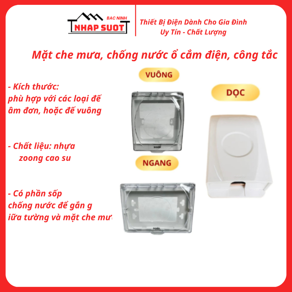 Mặt che mưa, chống nước cho ổ cắm điện, công tắc ngoài trời, chữ nhật, vuông, lắp đứng, dọc, ngang