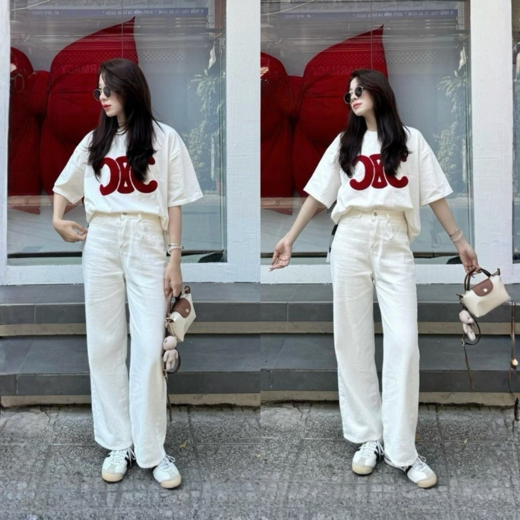 Quần jean trắng dáng ống suông, jean ống rộng phong cách Ulzzang Renee Store - Q7748