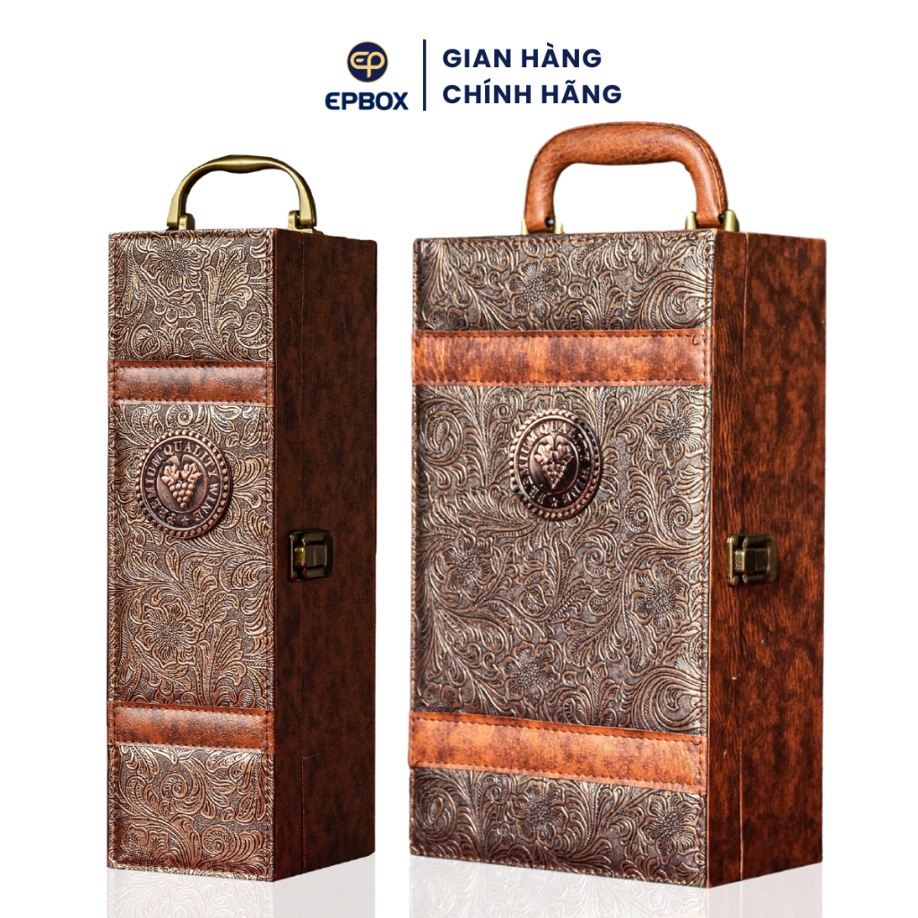 Hộp Đựng Rượu Vang Đôi Epvina Box Họa Tiết Vân Phượng Hoàng Da PU Cao Cấp 4 Phụ Kiện