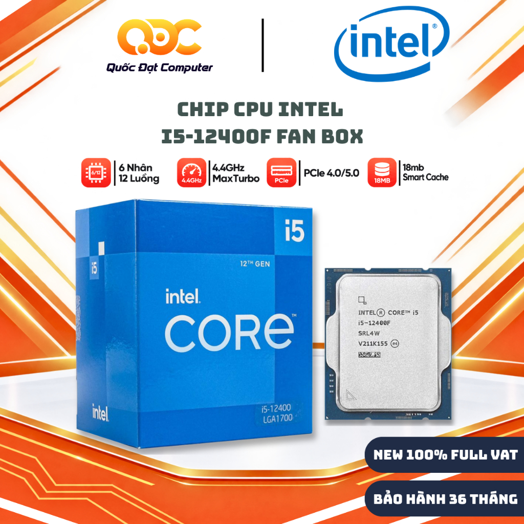 CPU Intel Core i5 12400F Box Chính Hãng (Kèm Quạt Tản Nhiệt) - Bộ Vi Xử Lý Cho PC Gaming Bảo Hành 36