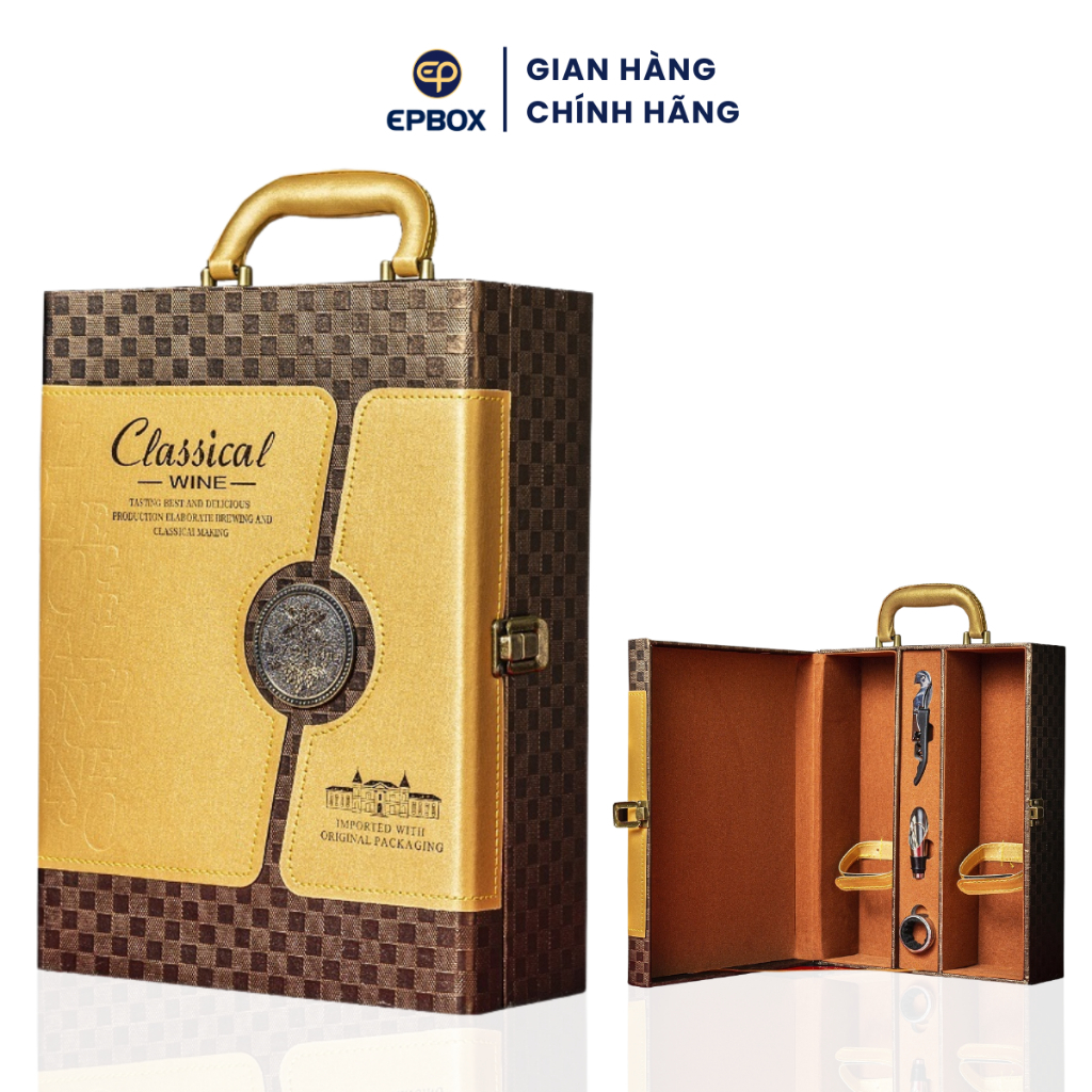 Hộp Đựng Rượu Vang Da Đôi Epvina Box Sẻ Dọc Thanh Lịch 2 Phụ Kiện Màu Vàng