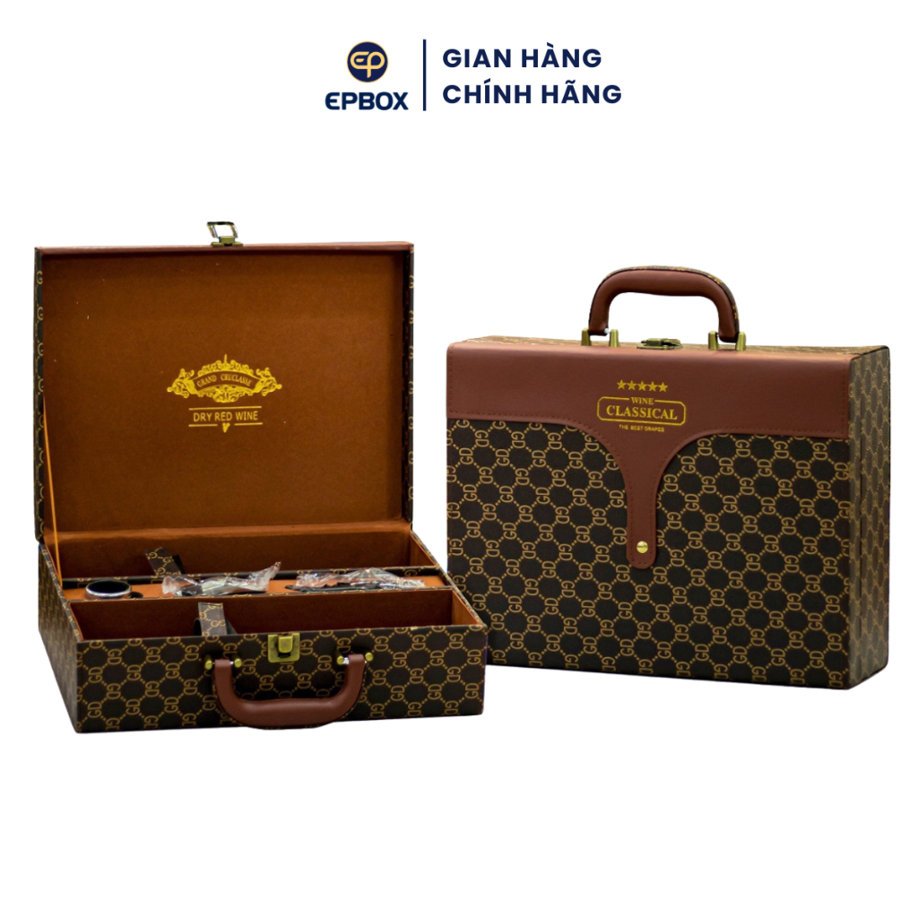 Hộp Đựng Rượu Da Đôi Epvina Box Kẻ Caro CLASSICAL Màu Nâu Khay Nhung 3 Phụ Kiện
