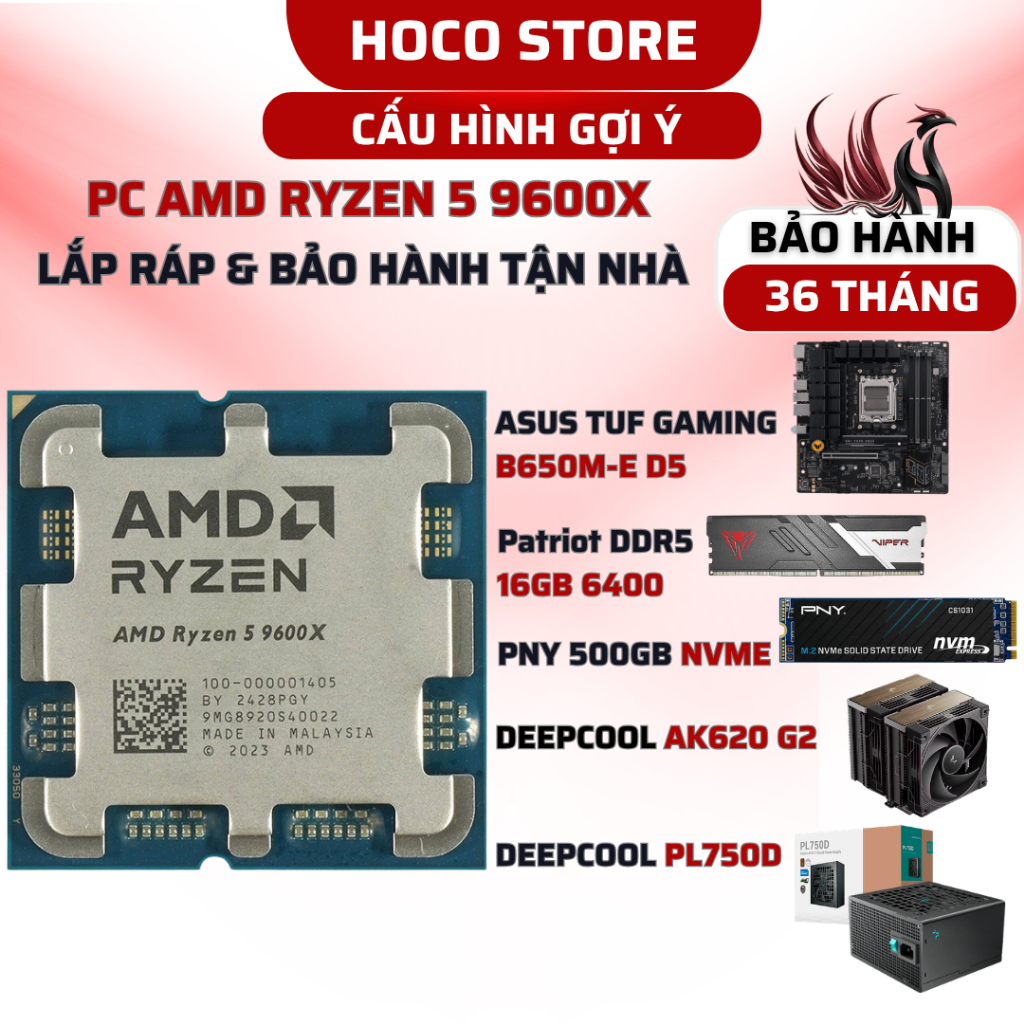 PC AMD Ryzen 5 9600X / B650M / SSD 500GB / 16GB 6400MHZ / Bộ PC lắp ráp HOCO CPU Ryzen 5 9600X New T