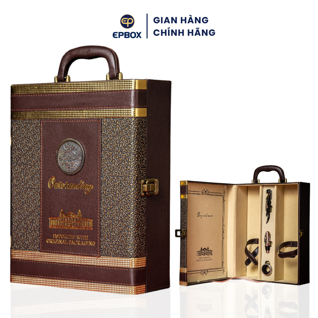 Hộp Đựng Rượu Vang Da Đôi Epvina Box Màu Nâu Họa Tiết Hoàng Gia In Chữ Outstanding