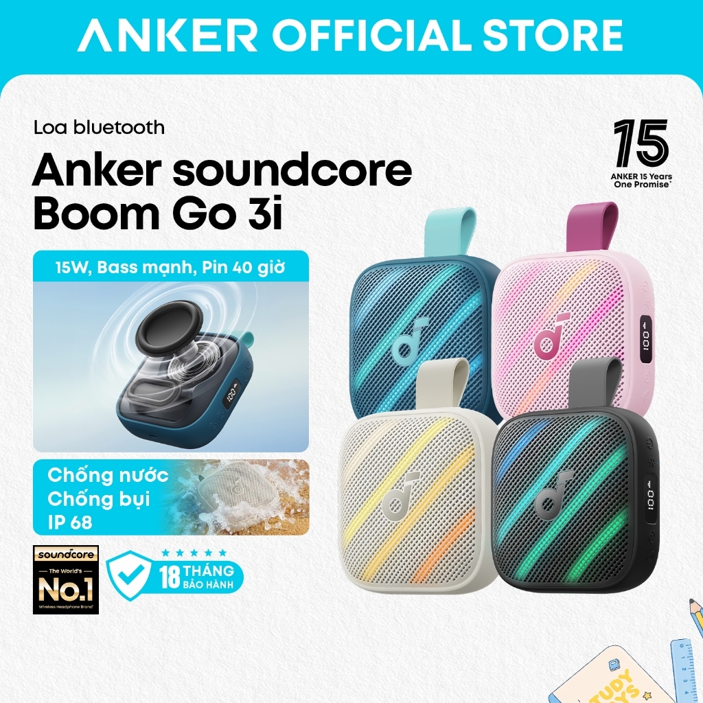 Anker soundcore Loa bluetooth Boom Go 3i – 15W bass mạnh, pin 40H, chống nước và bụi IP68