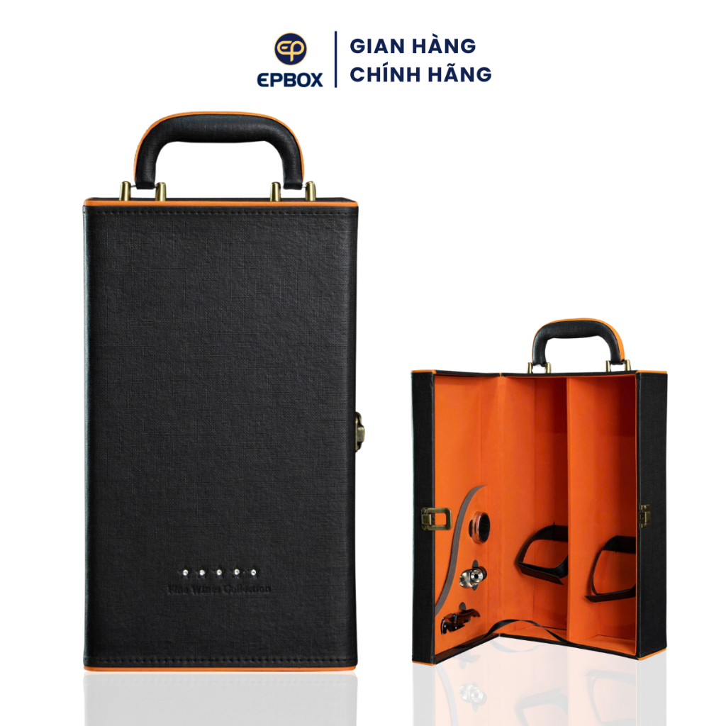 Hộp Đựng Rượu Vang Da Đôi Epvina Box Viền Cam Màu Đen 3 Phụ Kiện Đựng 2 Chai 750ml
